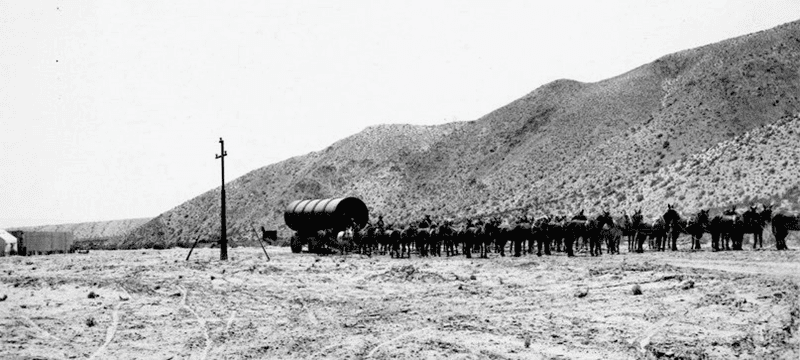 (1912)^#^ - 52 Mule Team hauling pipe for the Jawbone section of the Los Angeles Aqueduct in the Mojave Desert.