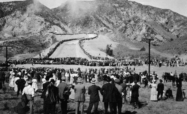 (November 5, 1913)* - Crowds watch as the water gates are opened and the Los Angeles Aqueduct water starts to flow down the cascades into the San Fernando Valley.