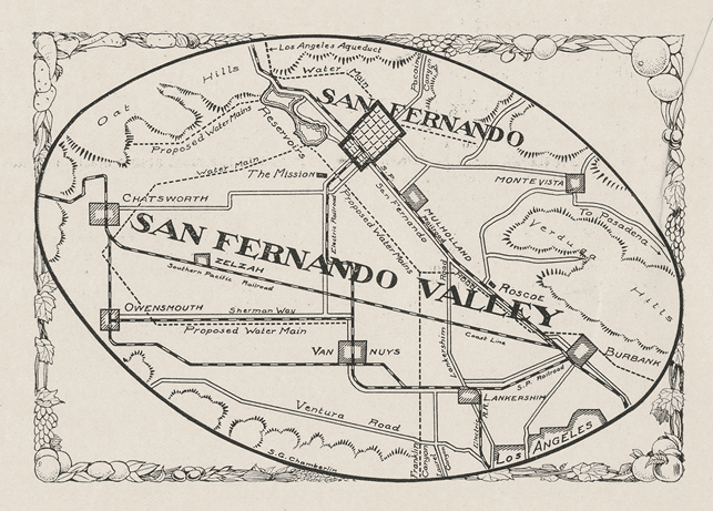 (1913)^*^ - Map of the San Fernando Valley included in the Official Program. The map shows the location of the LA Aqueduct Event as well as how the new Owens River water would be distributed to different parts of the city.